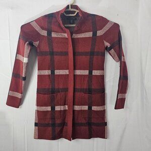 Tahari Fleece Jacket Womens XS Red Plaid Full Zip Duster Parka Mid Length